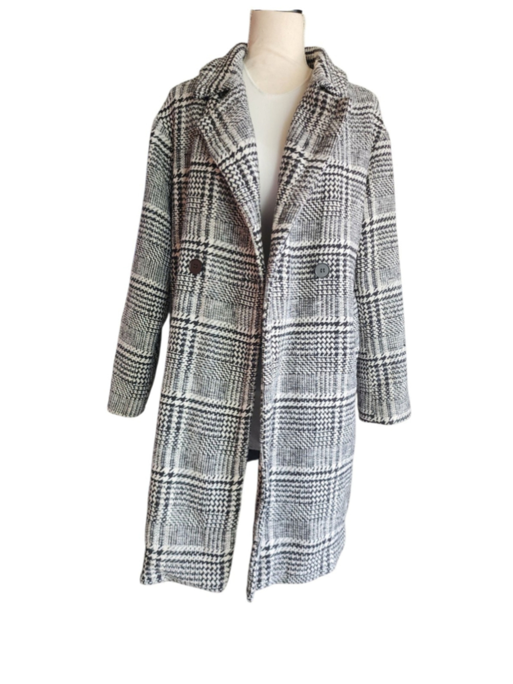 Nasty Gal Collection L Black White Plaid Double Breasted Coat Oversized Longline - Picture 9 of 13